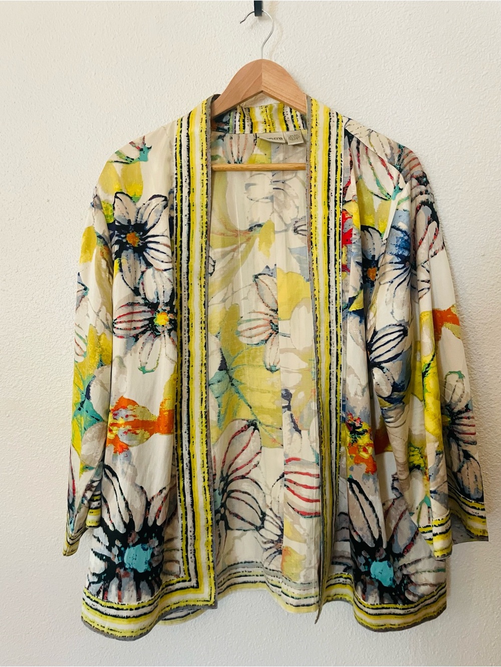 Chico's Silk Blend Floral Kimono Jacket 3/4 Sleeve Open Front Size 3 / XL